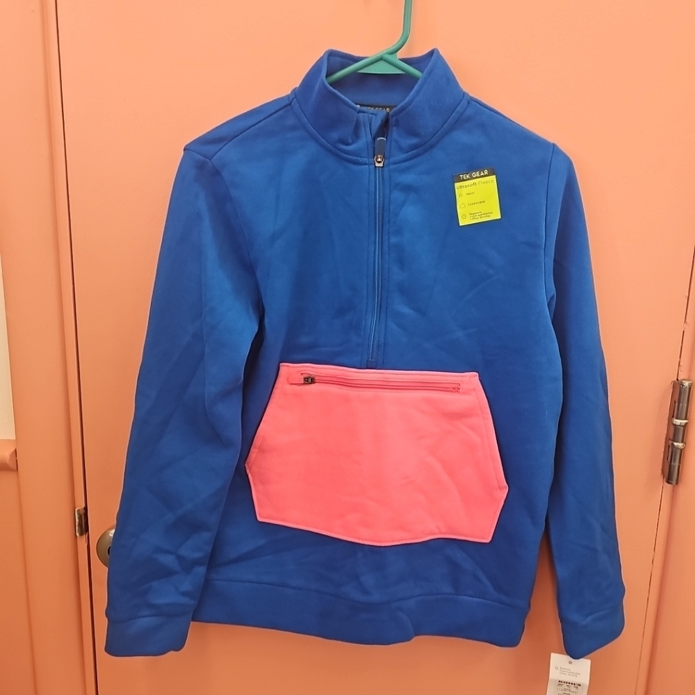 NWT Boys Sz Large (14/16) Tek Gear 1/4 Zip Ultrasoft Fleece Sweatshirt Blue Pink